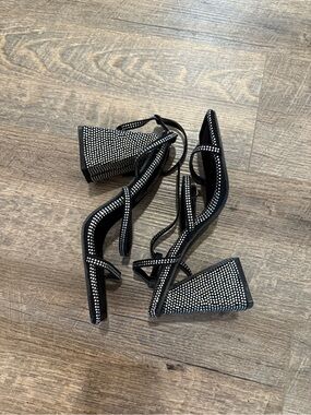 Public Desire Black Rhinestone Block Heel Lace-Up Sandals